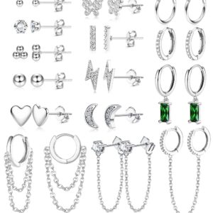 LOYALLOOK Studs Earrings and Hoops Set for Women Huggie Hoop Studs Earrings Set Dainty Minimalist Moon Heart Butterfly CZ Ball Small Dangle Chain Hoop Earrings Set for Multiple Piercing