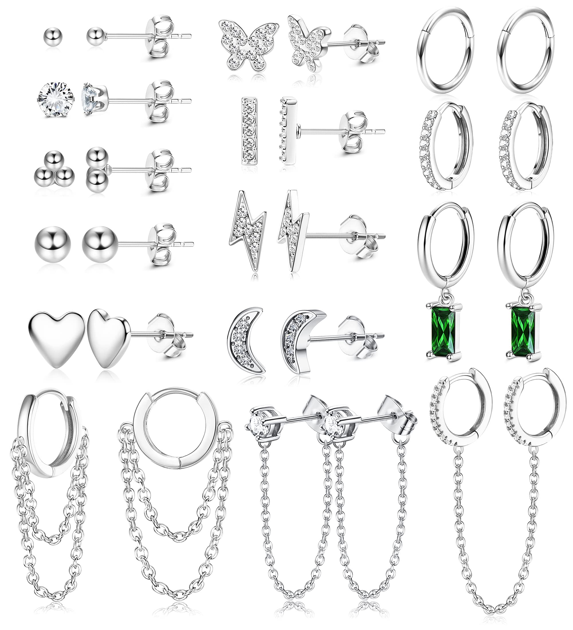 LOYALLOOK Studs Earrings and Hoops Set for Women Huggie Hoop Studs Earrings Set Dainty Minimalist Moon Heart Butterfly CZ Ball Small Dangle Chain Hoop Earrings Set for Multiple Piercing