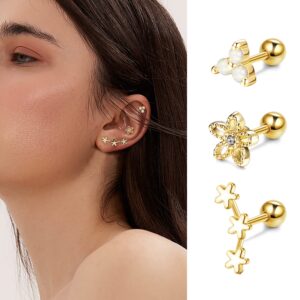 Dochais 9Pcs Cartilage Earrings for Women Stainless Steel Cartilage Butterfly Flower Star CZ Opal Helix Tragus Piercing Jewelry Gold