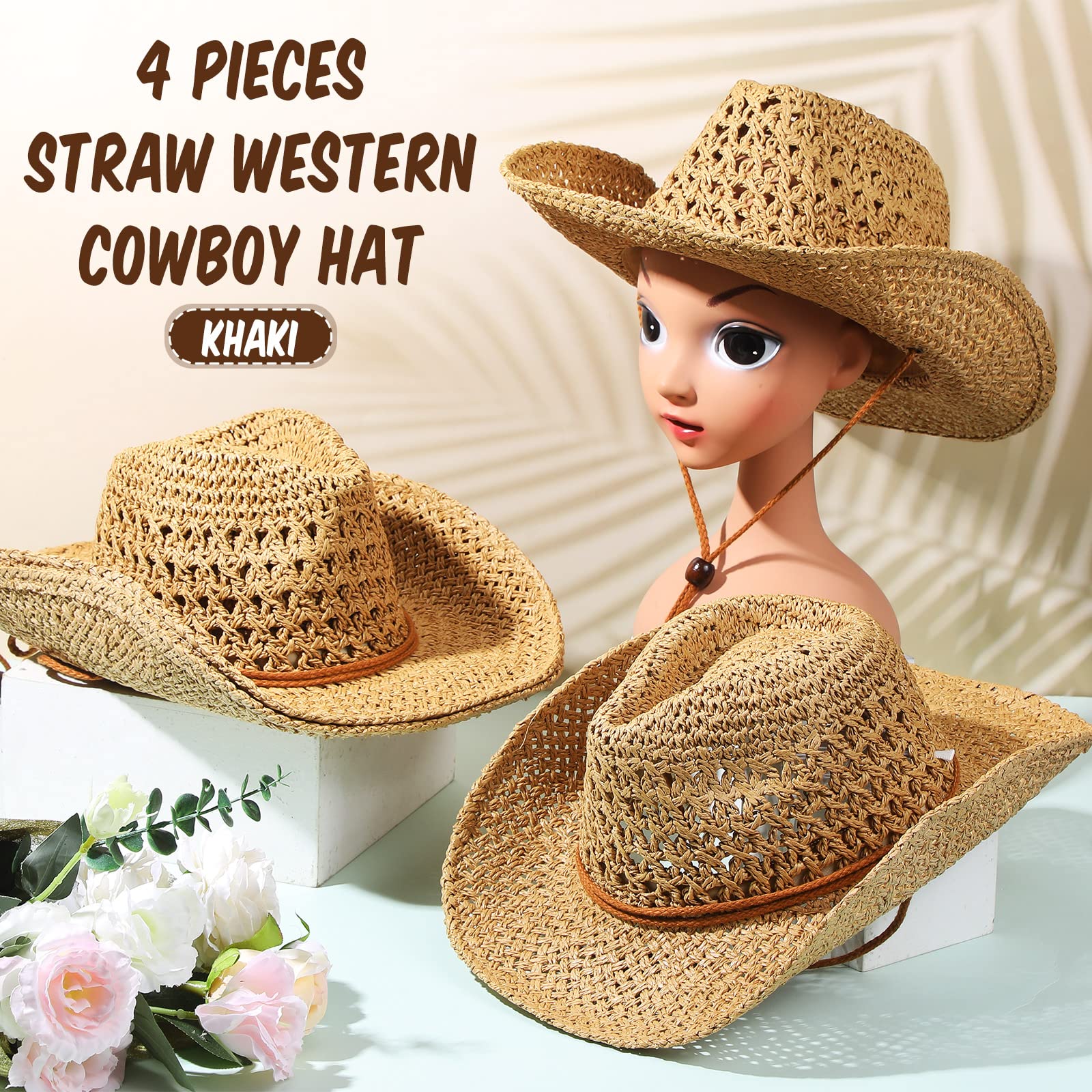 4 Pcs Cowgirl Hat Shapeable Wide Brim Classic Sun Woven Straw Hat Party Western Cowboy Hat for Adult Men Women Summer, Khaki