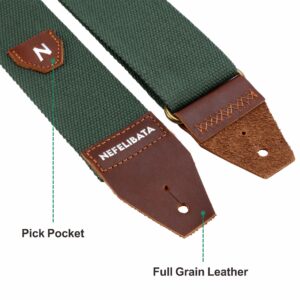 Nefelibata Guitar Strap with Pick Pocket, 100% Cotton Full Grain Leather End Guitar Strap for Acoustic Guitar, Electric Guitar, Bass, Gift for Guitarists and Kids