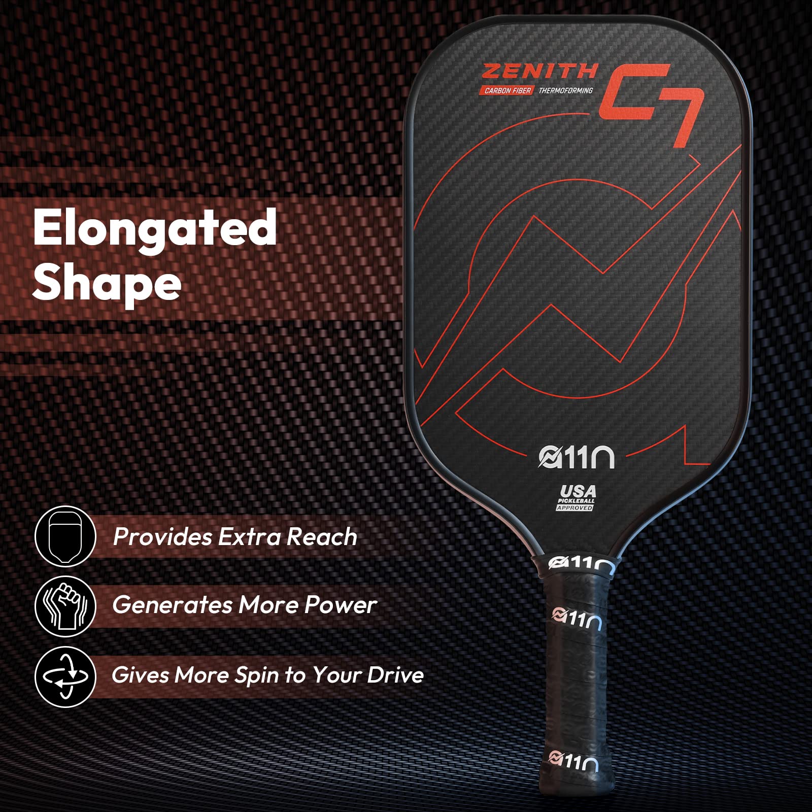 A11N Zenith C7 Pickleball Paddle 16mm | T-700 Carbon Fiber with Foam Injected Walls | Enlarged Sweet Spot | Elongated Shape | Red