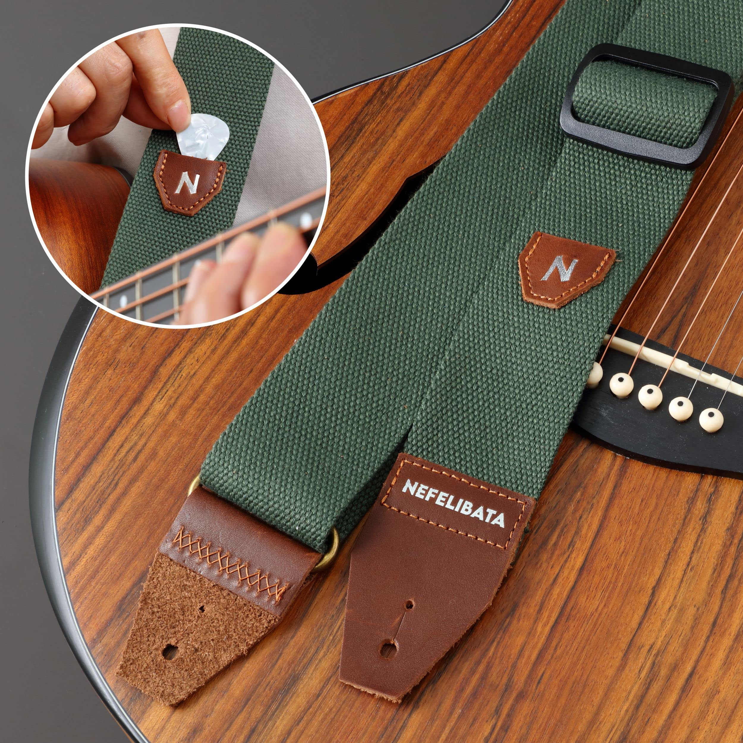 Nefelibata Guitar Strap with Pick Pocket, 100% Cotton Full Grain Leather End Guitar Strap for Acoustic Guitar, Electric Guitar, Bass, Gift for Guitarists and Kids