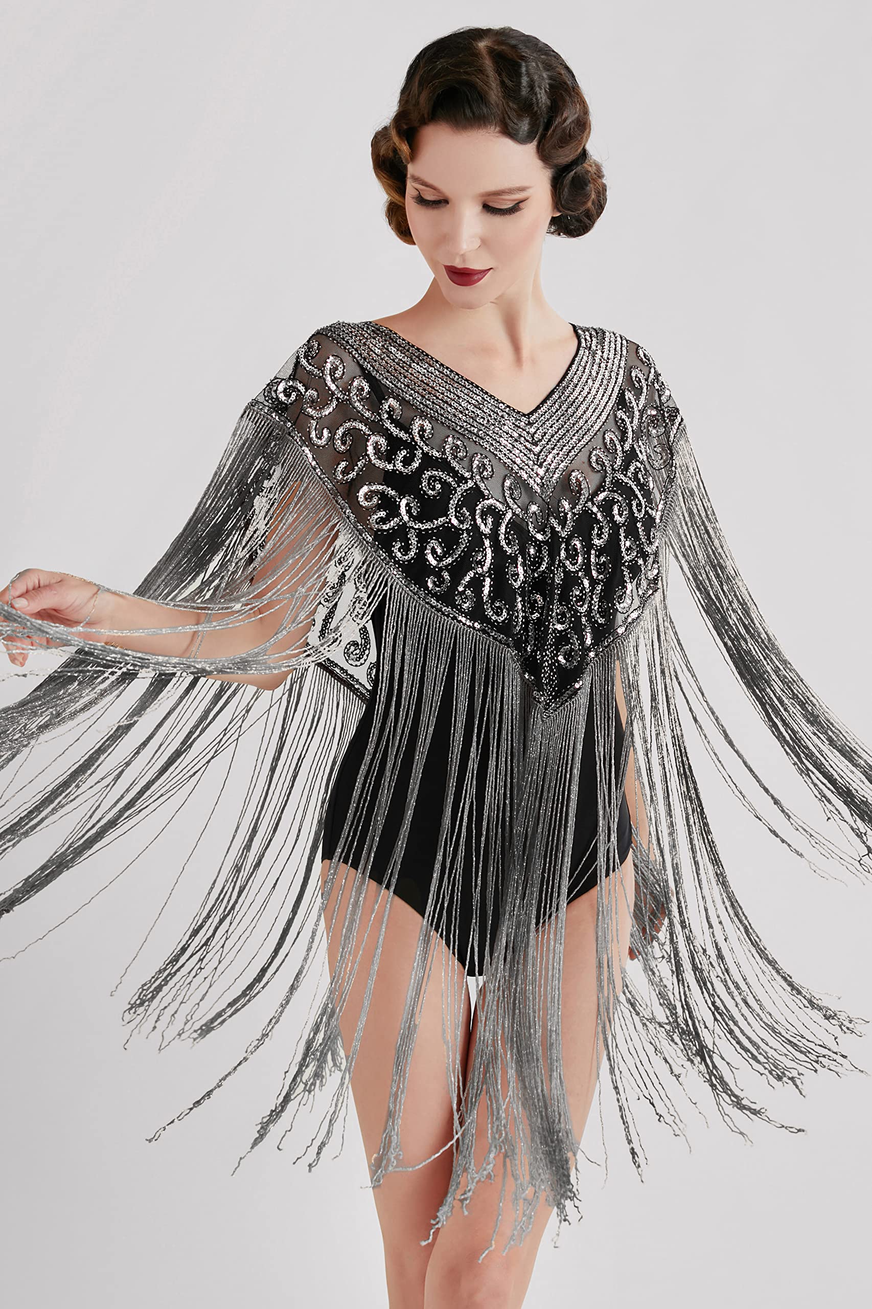 BABEYOND 1920s Shawl Wraps Long Fringed Evening Cape Sequin Beaded Party Shawl