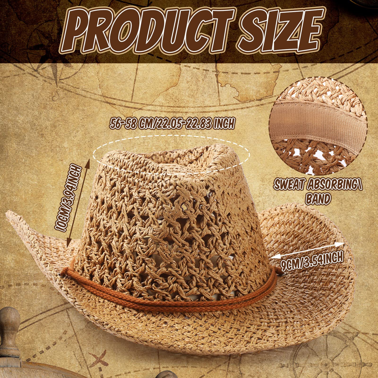 4 Pcs Cowgirl Hat Shapeable Wide Brim Classic Sun Woven Straw Hat Party Western Cowboy Hat for Adult Men Women Summer, Khaki