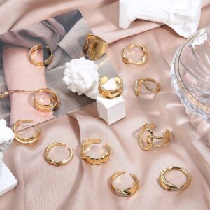 FIBO STEEL 12PCS Gold Chunky Rings for Women, 18K Gold Plated Thick Rings, Stacking Open Rings Set Adjustable Gold