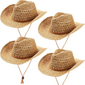 4 pcs cowgirl hat shapeable wide brim classic sun woven straw hat party western cowboy hat for adult men women summer, khaki