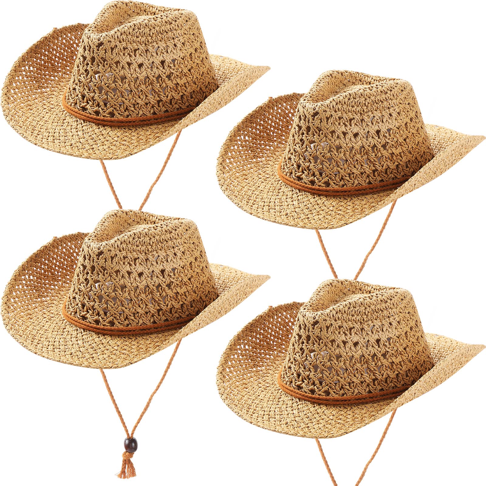 4 Pcs Cowgirl Hat Shapeable Wide Brim Classic Sun Woven Straw Hat Party Western Cowboy Hat for Adult Men Women Summer, Khaki