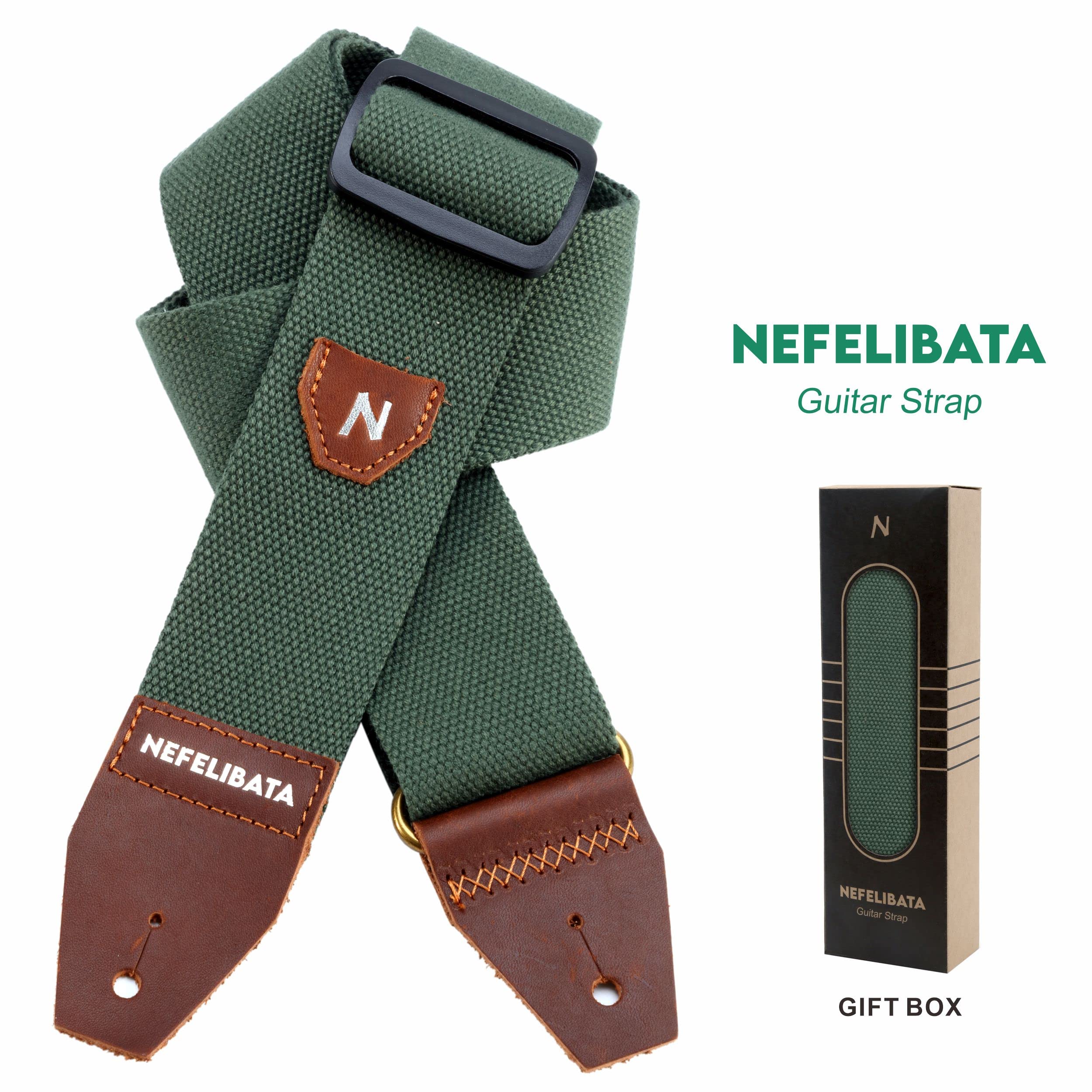 Nefelibata Guitar Strap with Pick Pocket, 100% Cotton Full Grain Leather End Guitar Strap for Acoustic Guitar, Electric Guitar, Bass, Gift for Guitarists and Kids