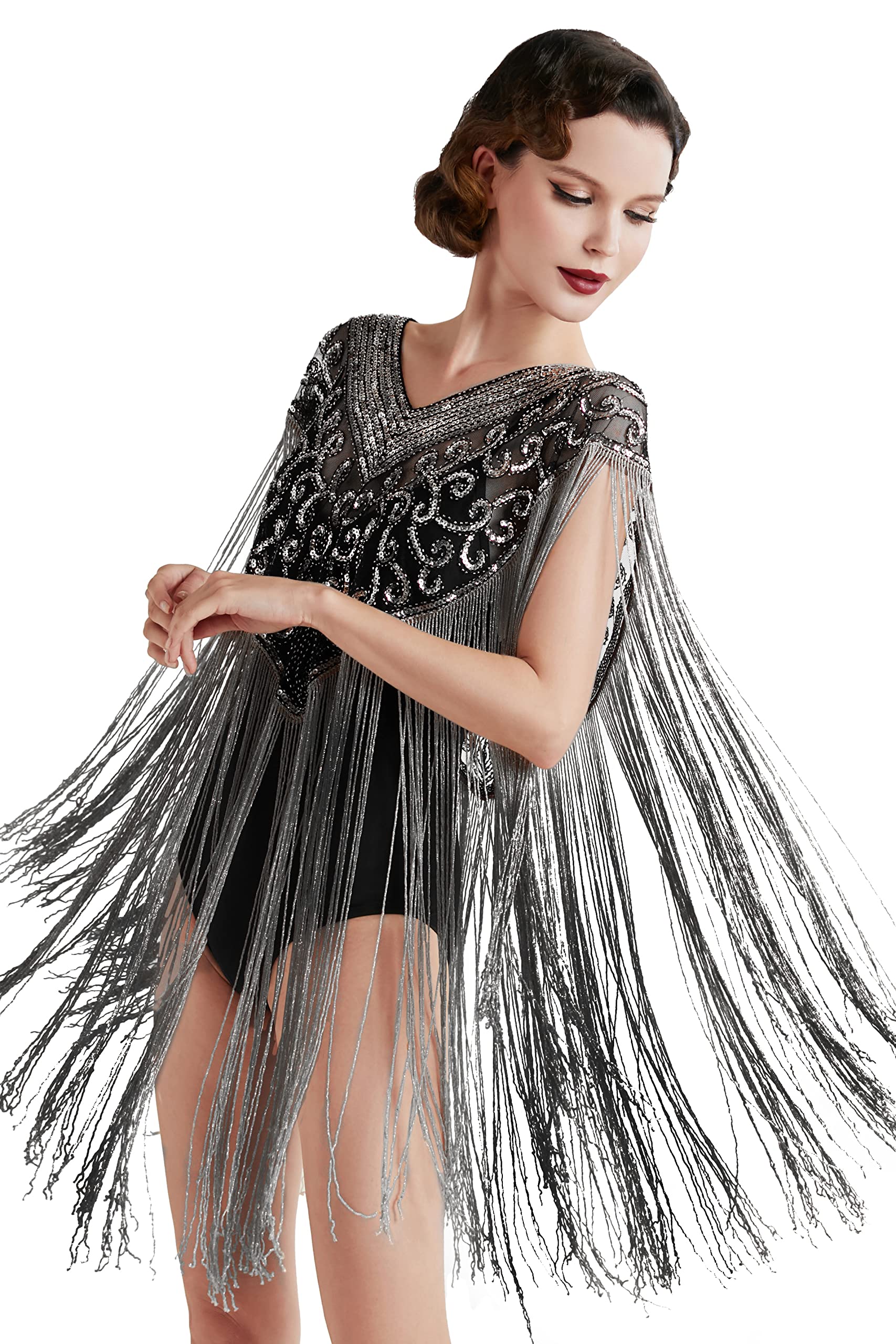 BABEYOND 1920s Shawl Wraps Long Fringed Evening Cape Sequin Beaded Party Shawl