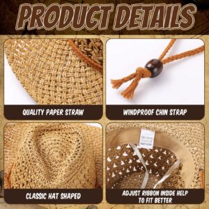 4 Pcs Cowgirl Hat Shapeable Wide Brim Classic Sun Woven Straw Hat Party Western Cowboy Hat for Adult Men Women Summer, Khaki