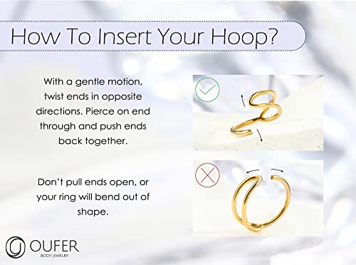 OUFER 20G Nose Rings Hoops, 9K Solid Gold Double Row Nose Rings, Seamless Open Cartilage Earrings, Nose Piercing Jewelry for Women and Men