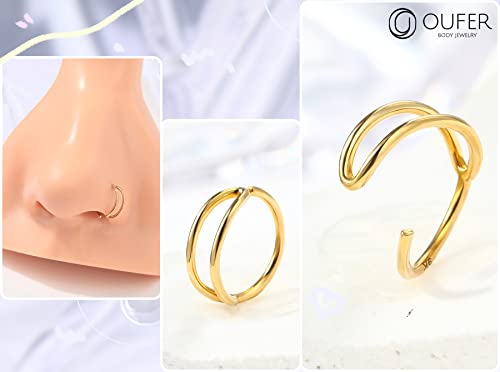 OUFER 20G Nose Rings Hoops, 9K Solid Gold Double Row Nose Rings, Seamless Open Cartilage Earrings, Nose Piercing Jewelry for Women and Men