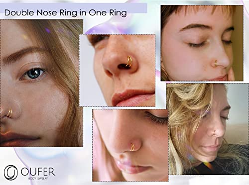 OUFER 20G Nose Rings Hoops, 9K Solid Gold Double Row Nose Rings, Seamless Open Cartilage Earrings, Nose Piercing Jewelry for Women and Men