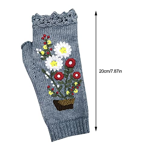 Women Flower Embroidery Knitted Gloves Handmade Winter Warm Gloves Fingerless Typing Mittens (Gray, One Size)