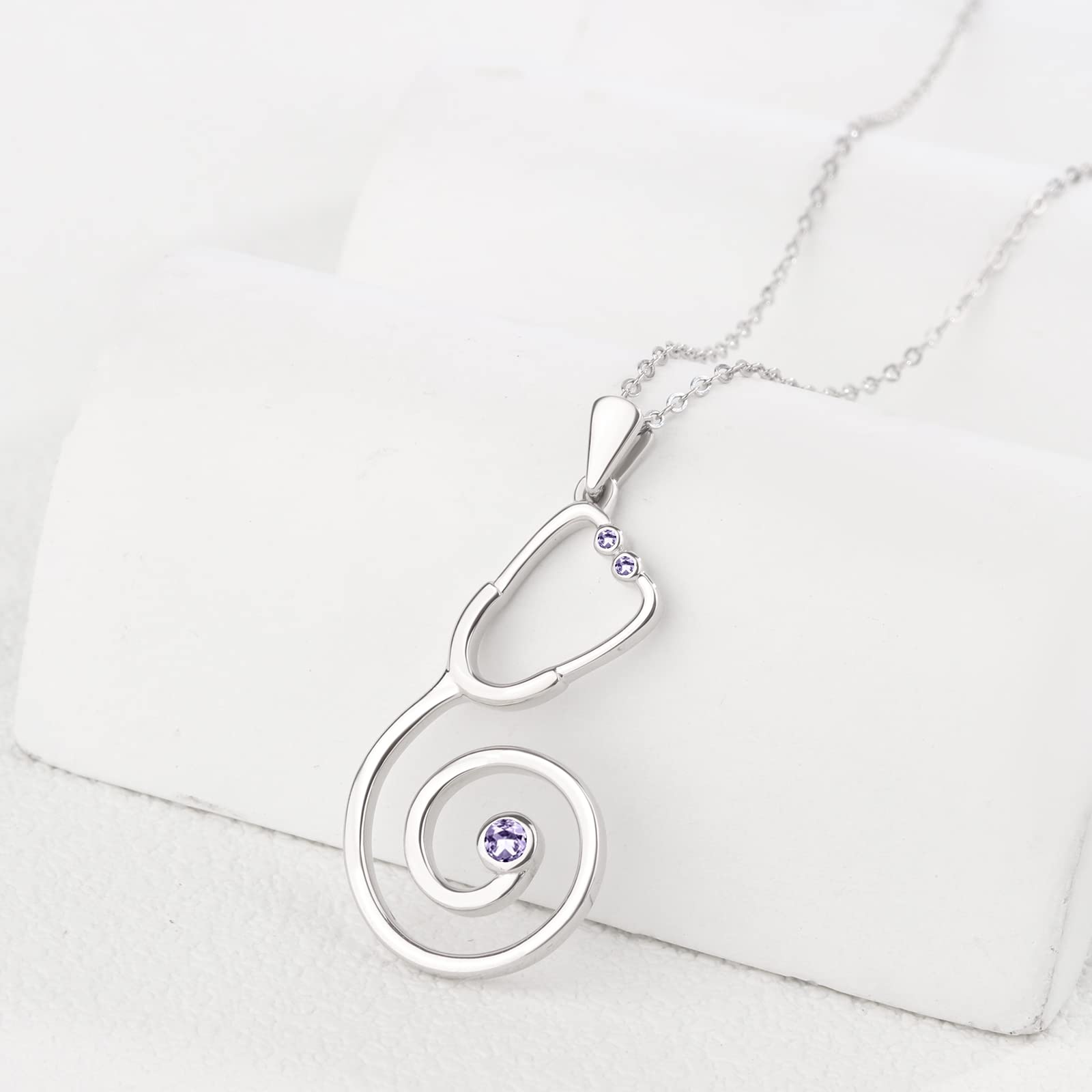 Ring Holder Necklace for Nurse - 925 Sterling Silver Stethoscope Necklaces Bcirthstone Medical Jewelry for Doctor Nurse RN Medical Student Graduation Gifts for Women (Amethyst（June）)