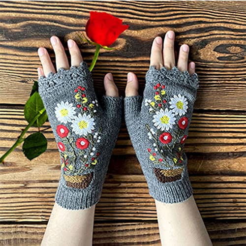 Women Flower Embroidery Knitted Gloves Handmade Winter Warm Gloves Fingerless Typing Mittens (Gray, One Size)