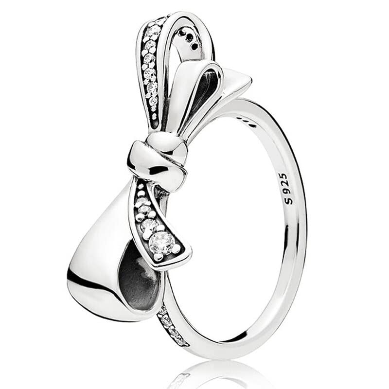 New 925 Sterling Silver Ring Brilliant Bow Red Heart-shaped Crystal You Me Two Hearts Open Ring For Women Gift Fashion Jewelry (4, 7)