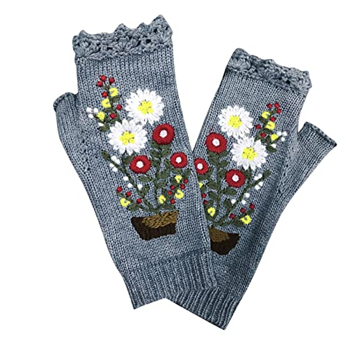 Women Flower Embroidery Knitted Gloves Handmade Winter Warm Gloves Fingerless Typing Mittens (Gray, One Size)