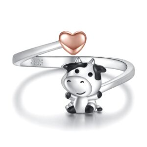 925 sterling silver cow cat dinosaur frog butterfly ring adjustable cute cow print kitty animal lover jewelry gifts for women birthday (cow)