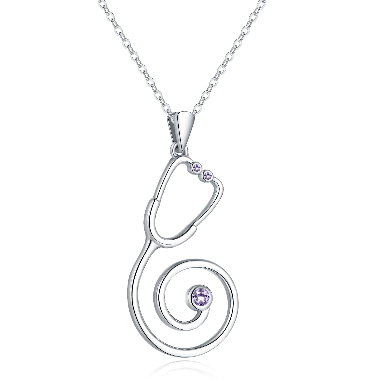 Ring Holder Necklace for Nurse - 925 Sterling Silver Stethoscope Necklaces Bcirthstone Medical Jewelry for Doctor Nurse RN Medical Student Graduation Gifts for Women (Amethyst（June）)