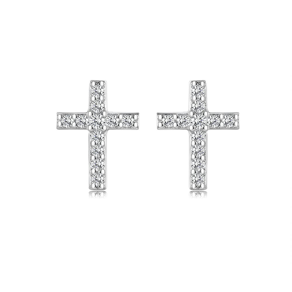 S925 Sterling Silver Dainty Small Tiny Cross with Pave Clear Cubic Zirconia Stud Earrings Fashion Jewelry for Women