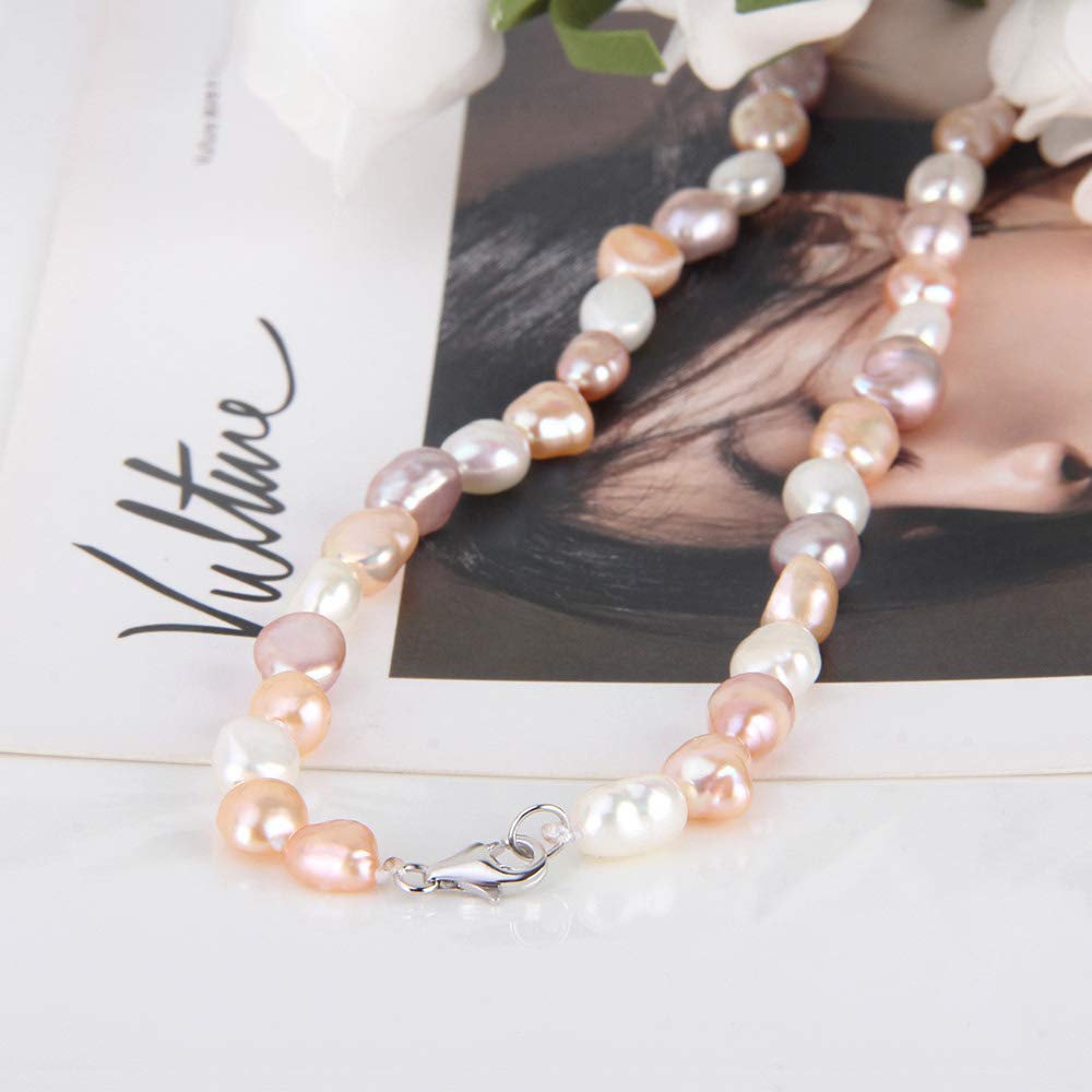 LGSY 925 Sterling Silver Multicolor Pearl Freshwater Cultured Pearl Necklace for Women's Pearl Strand Necklaces