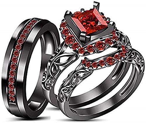 Charming_Creation 2.00 Ct Princess Cut Ruby Wedding Engagement His Her Trio Band Ring Set 14k Black Gold Finish (8.5)