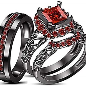 Charming_Creation 2.00 Ct Princess Cut Ruby Wedding Engagement His Her Trio Band Ring Set 14k Black Gold Finish (8.5)