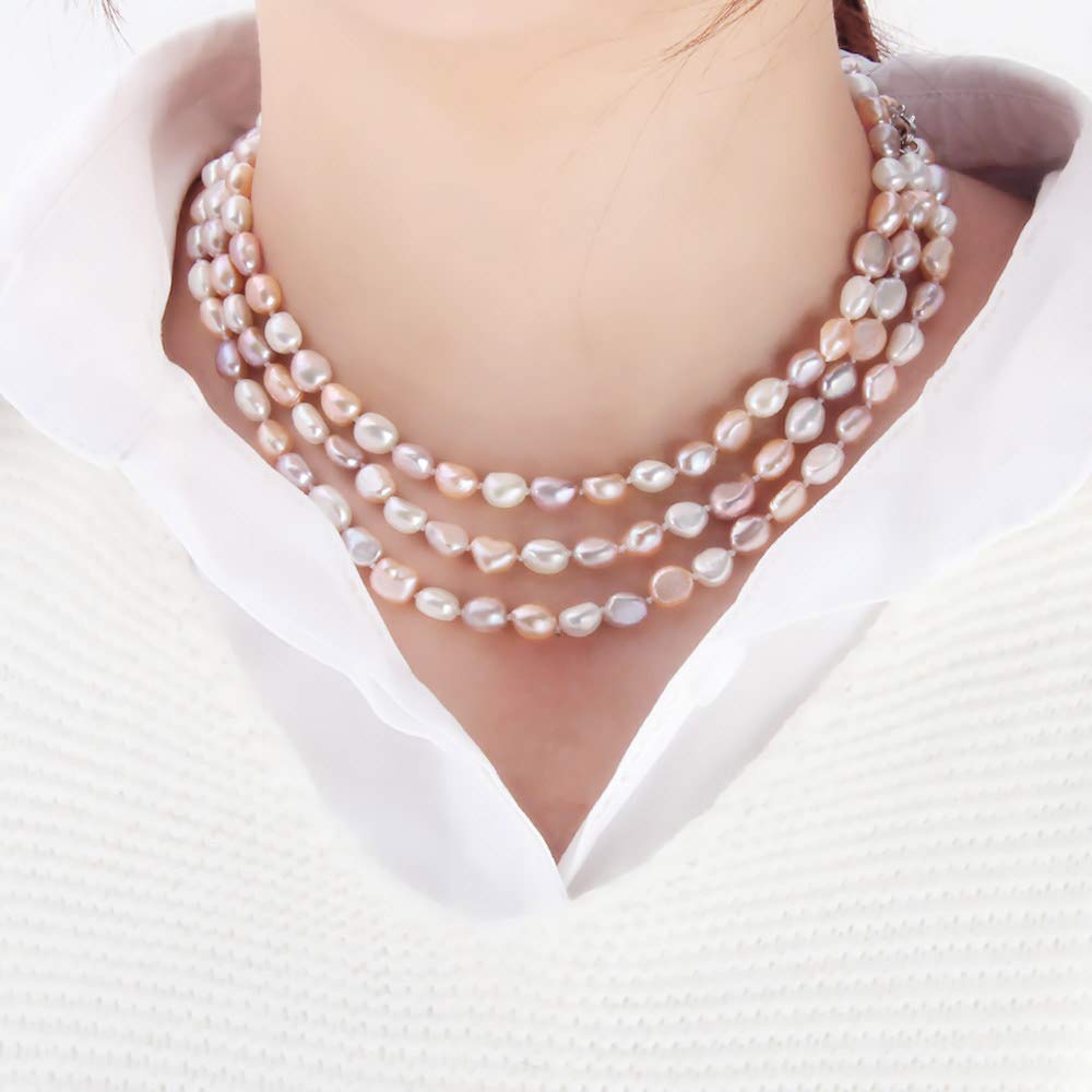 LGSY 925 Sterling Silver Multicolor Pearl Freshwater Cultured Pearl Necklace for Women's Pearl Strand Necklaces