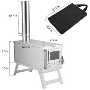 304 Stainless Steel Camping Tent Stove, Ultralight Foldable Portable Wood Burning Stove with Chimney Pipes and Rotary Damper, Tent Heaters Stove for Camping Heating and Cooking