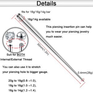 14g/16g/18g ASTM F136 Titanium Piercing Taper Insertion Pin for Internal Thread Tragus/Helix/Lip/Nose/Helix/Piercing Jewelry Cartilage Earrings Labret Nose Studs Stretcher Assistant Tool