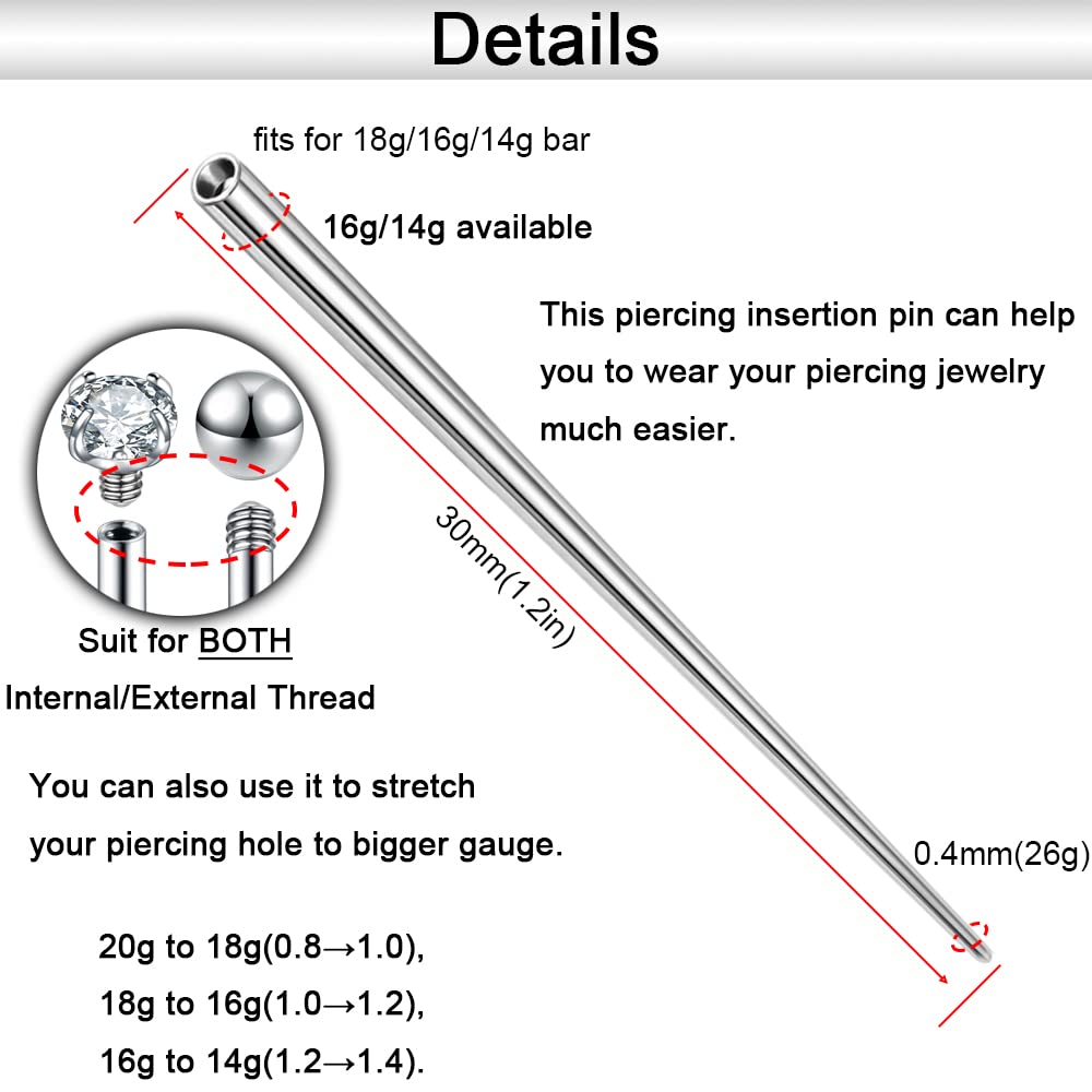 14g/16g/18g ASTM F136 Titanium Piercing Taper Insertion Pin for Internal Thread Tragus/Helix/Lip/Nose/Helix/Piercing Jewelry Cartilage Earrings Labret Nose Studs Stretcher Assistant Tool