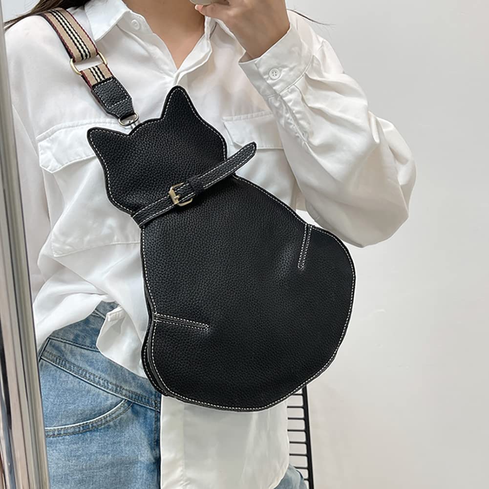 Leather Kitty Chest Bag for Women,Fashion Cat Men’s Sling Bag,Kawaii Crossbody Bag,Trendy Satchel Shoulder Bag,Cute Waist Bag (Black)