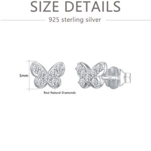 CTIEIP 1/10 Cttw Natural White Diamond Butterfly Stud Earrings for Women in Sterling Silver Tiny Butterfly Stud Jewelry Gift for Her