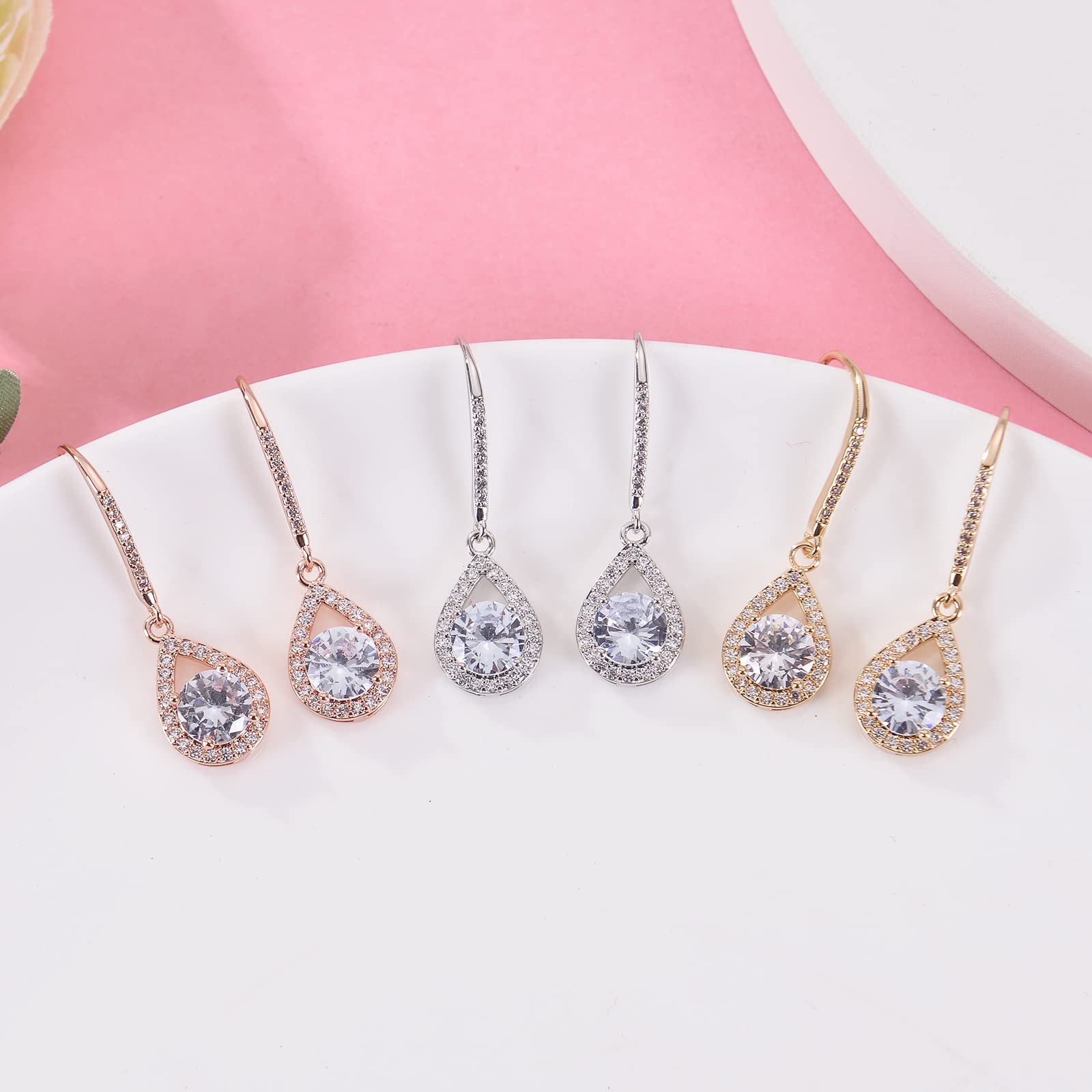 DHQH 4/6 Pairs Bridesmaids Proposal Gift Bridesmaids Earrings Classic Cubic Zirconia Teardrop Dangle Earrings for Women I Couldn’t Tie a Knot Without You Wedding Jewelry Gifts