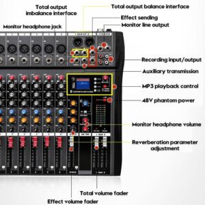 RibasuBB 8 Channel Audio Mixer, Professional Audio Mixer Sound Board Console System Interface 8 Channel with MP3 Player+USB Bluetooth 48V Phantom Power Source Usb Power Stereo DJ Studio Streaming