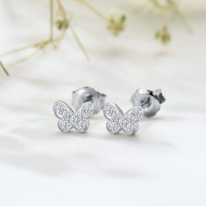 CTIEIP 1/10 Cttw Natural White Diamond Butterfly Stud Earrings for Women in Sterling Silver Tiny Butterfly Stud Jewelry Gift for Her