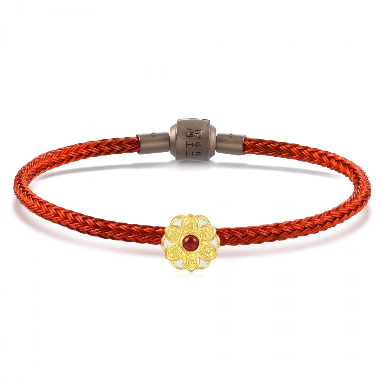 CHOW SANG SANG 999 24K Solid Gold Mini Charm Om Mani Padme Hum with Red Agate Mini Charm Blessing Bracelet for Women and Men 93485C