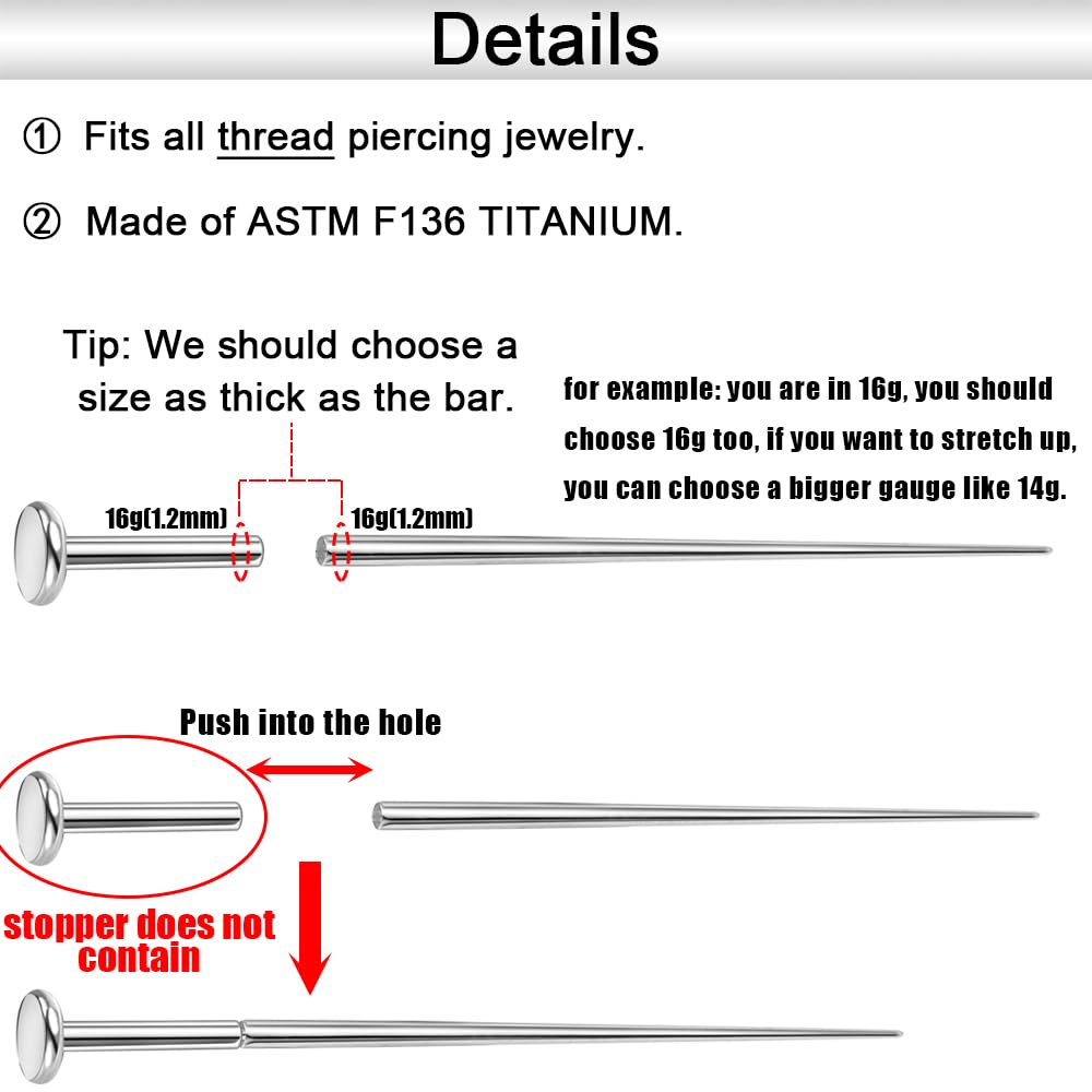 14g/16g/18g ASTM F136 Titanium Piercing Taper Insertion Pin for Internal Thread Tragus/Helix/Lip/Nose/Helix/Piercing Jewelry Cartilage Earrings Labret Nose Studs Stretcher Assistant Tool