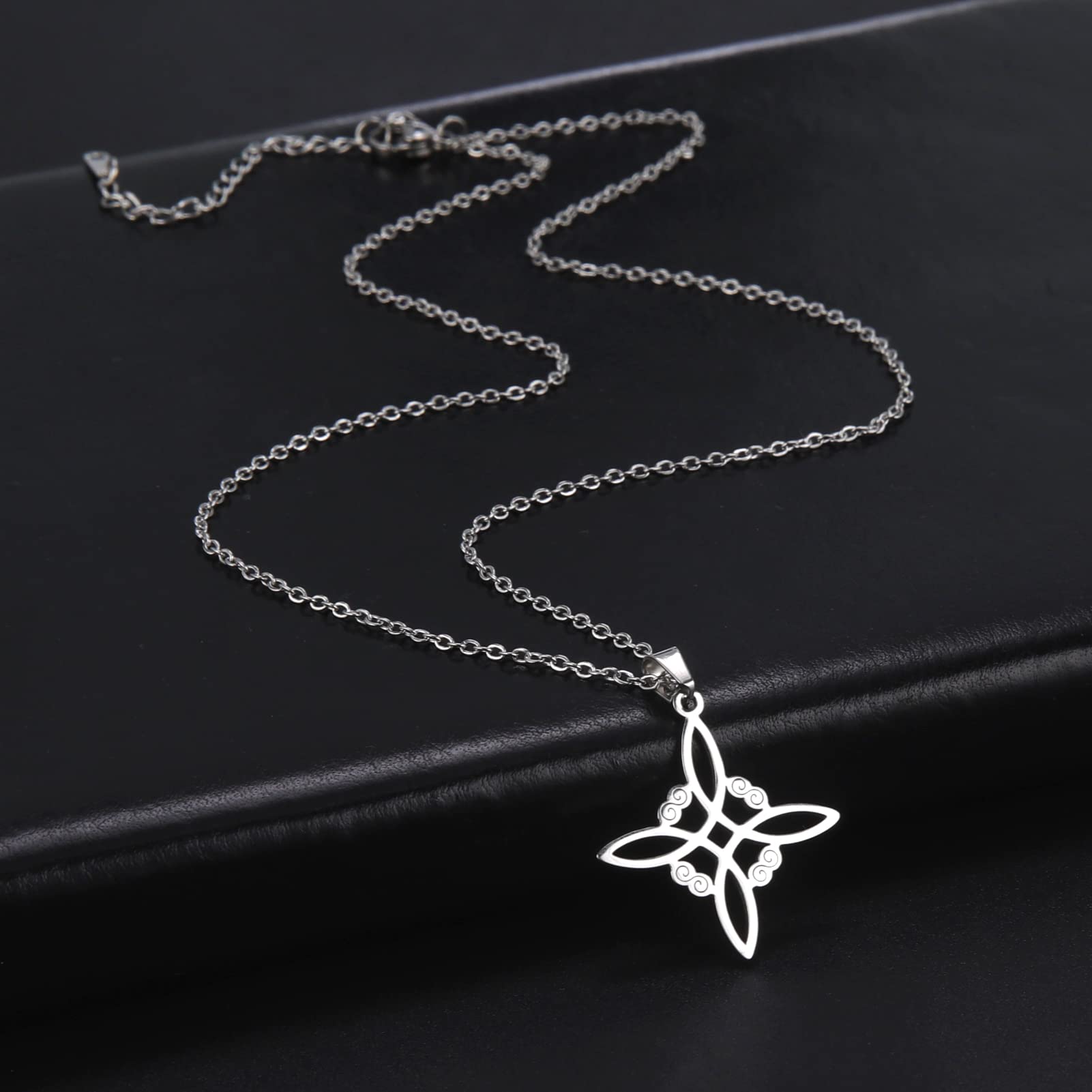 kkjoy Witches Knot Necklace Stainless Steel Magic Knot Pagan Wiccan Symbol Pendant 4-Pointed Celtic Knot Witchcraft Necklace for Women