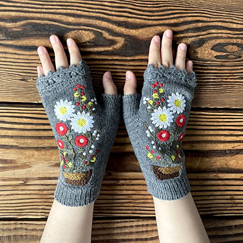 Women Flower Embroidery Knitted Gloves Handmade Winter Warm Gloves Fingerless Typing Mittens (Gray, One Size)