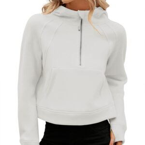 Micoson Half Zip Hoodies Women Long Sleeve Crop Workout Sweatshirt Oversized Sherpa Fleece Pullover Thumb Hole (White,L)