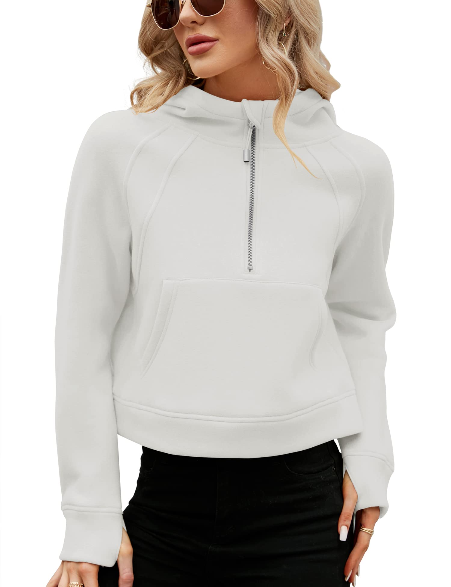 Micoson Half Zip Hoodies Women Long Sleeve Crop Workout Sweatshirt Oversized Sherpa Fleece Pullover Thumb Hole (White,L)