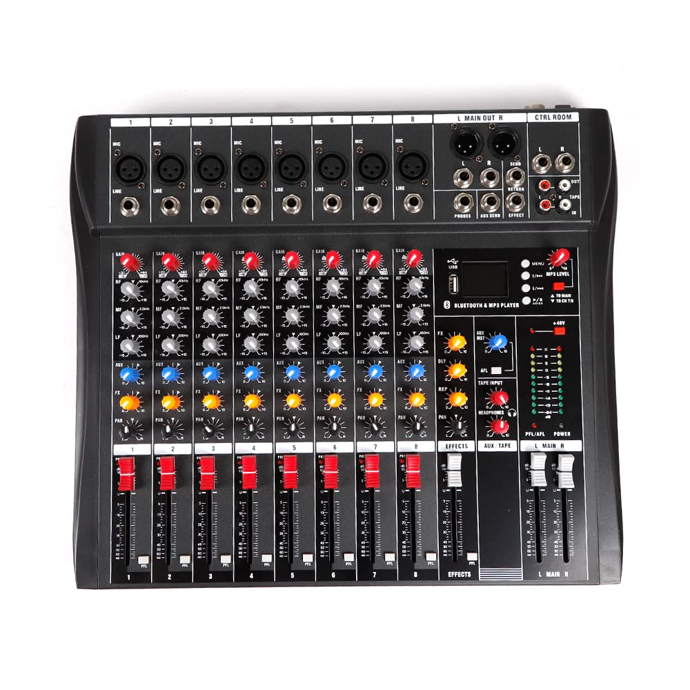 RibasuBB 8 Channel Audio Mixer, Professional Audio Mixer Sound Board Console System Interface 8 Channel with MP3 Player+USB Bluetooth 48V Phantom Power Source Usb Power Stereo DJ Studio Streaming