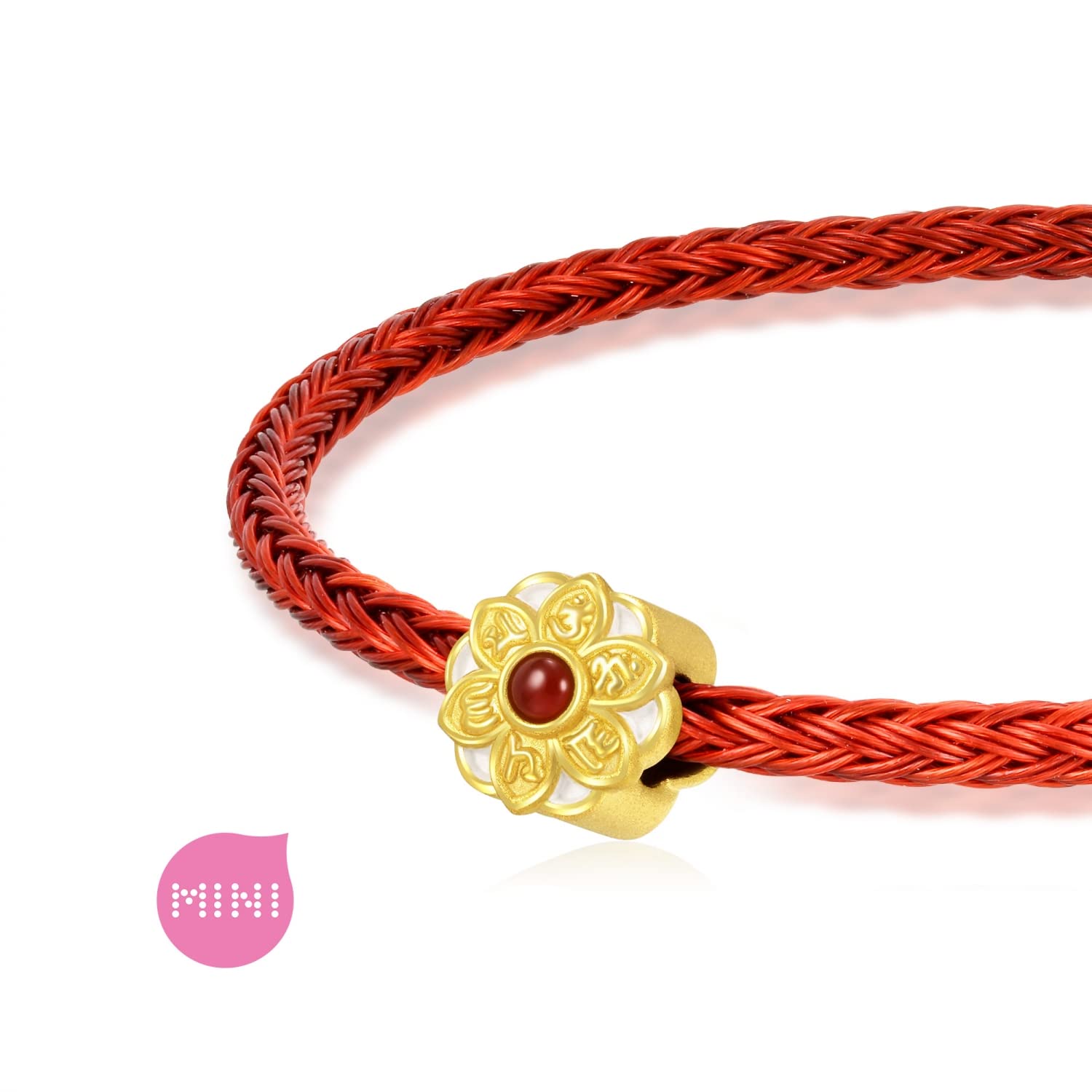 CHOW SANG SANG 999 24K Solid Gold Mini Charm Om Mani Padme Hum with Red Agate Mini Charm Blessing Bracelet for Women and Men 93485C