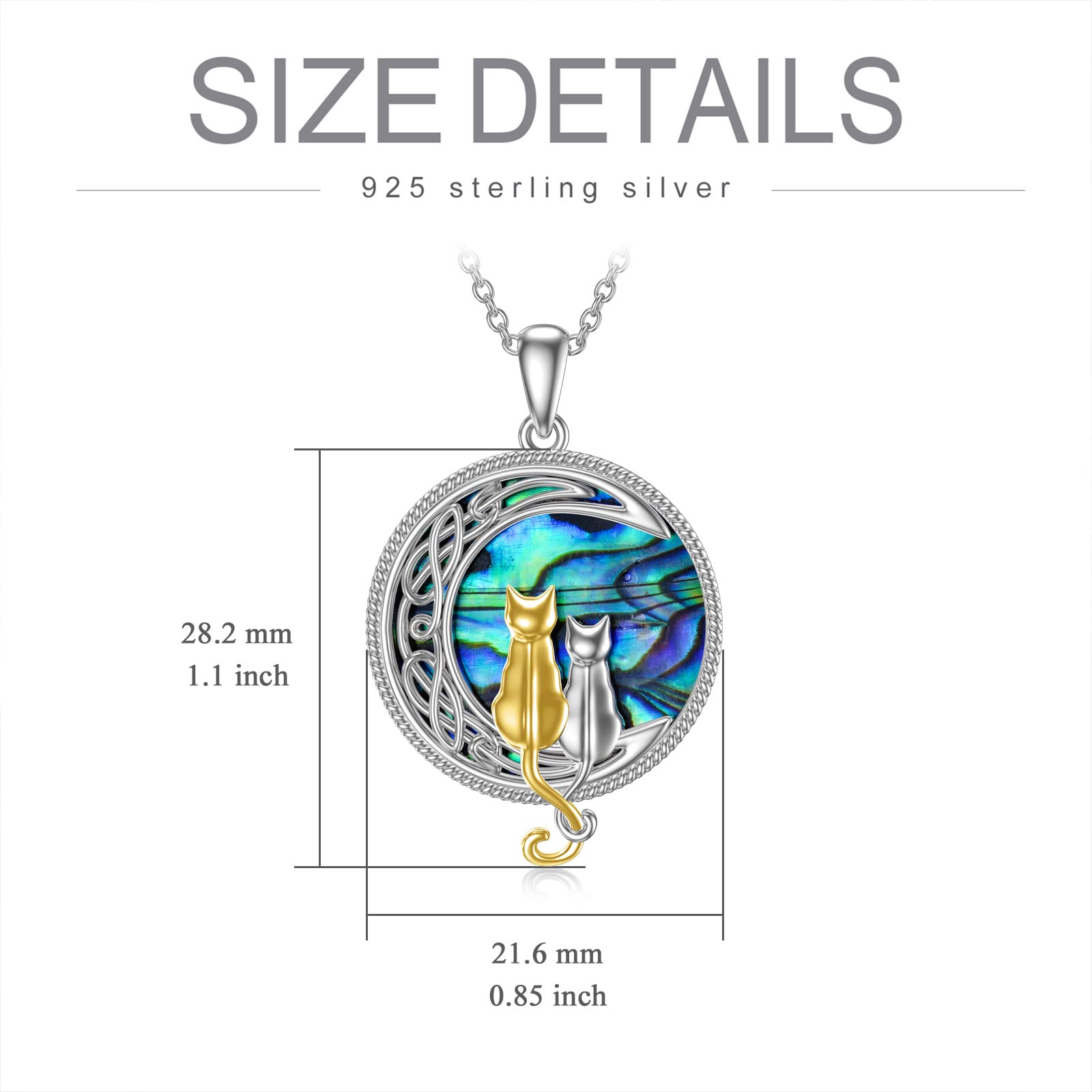 TOUPOP Silver and Gold Cat Necklace 925 Sterling Silver Cat on the Moon Necklace with Abalone Shell Cat Lovers Celtic Cat Jewelry Gifts for Women Birthday Christmas