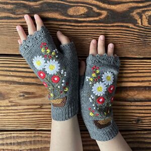 Women Flower Embroidery Knitted Gloves Handmade Winter Warm Gloves Fingerless Typing Mittens (Gray, One Size)