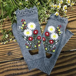 Women Flower Embroidery Knitted Gloves Handmade Winter Warm Gloves Fingerless Typing Mittens (Gray, One Size)