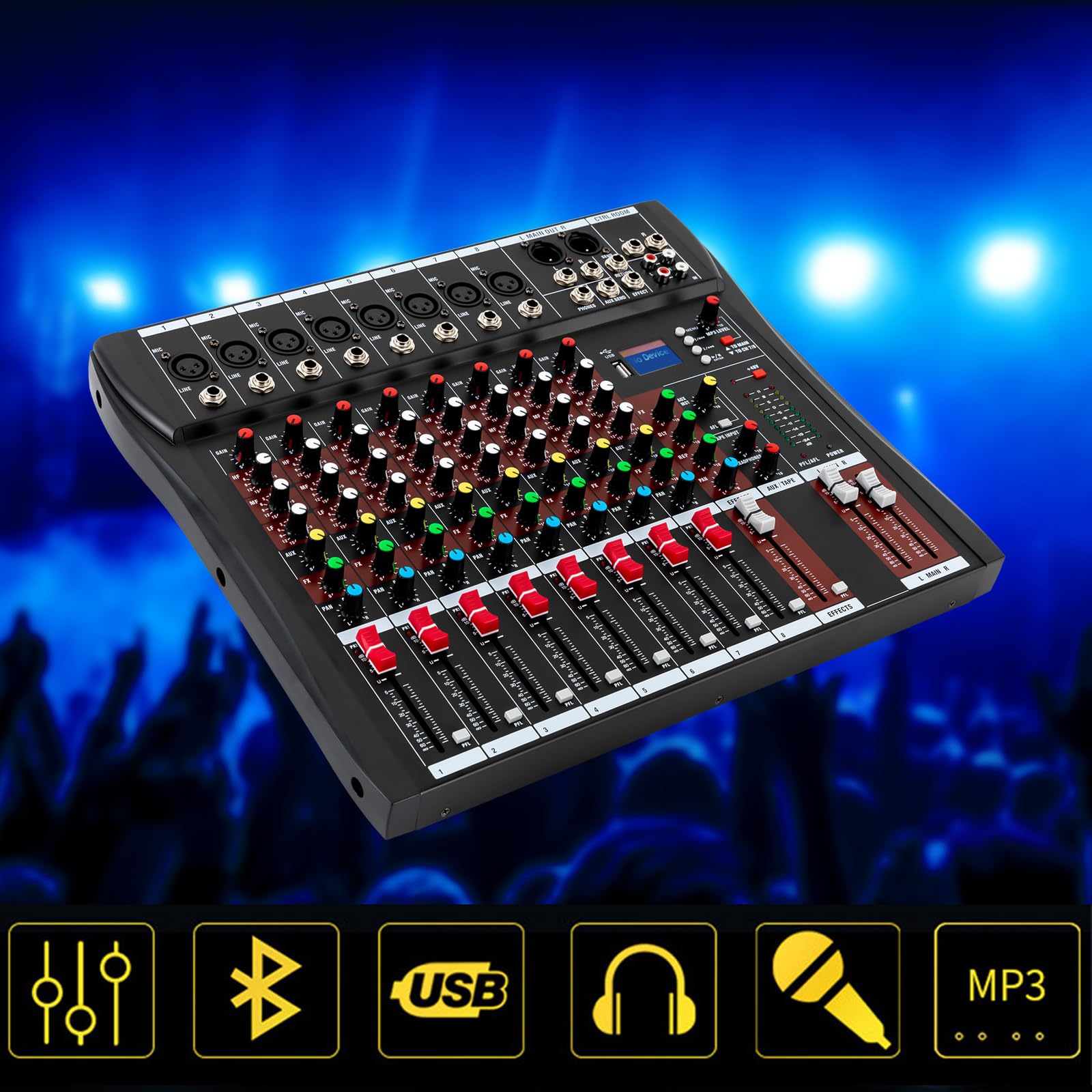 RibasuBB 8 Channel Audio Mixer, Professional Audio Mixer Sound Board Console System Interface 8 Channel with MP3 Player+USB Bluetooth 48V Phantom Power Source Usb Power Stereo DJ Studio Streaming